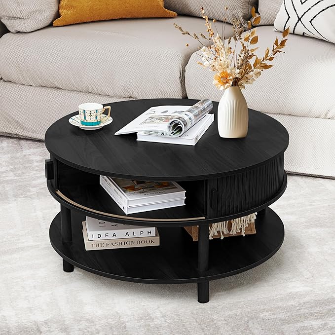 31.5” Round Coffee Table with Storage, Mid Century Modern 2 Tier Coffee Table with Tambour Sliding Door, Solid Wood Legs Fluted Center Table for Living Room Home Office Small Space, Black