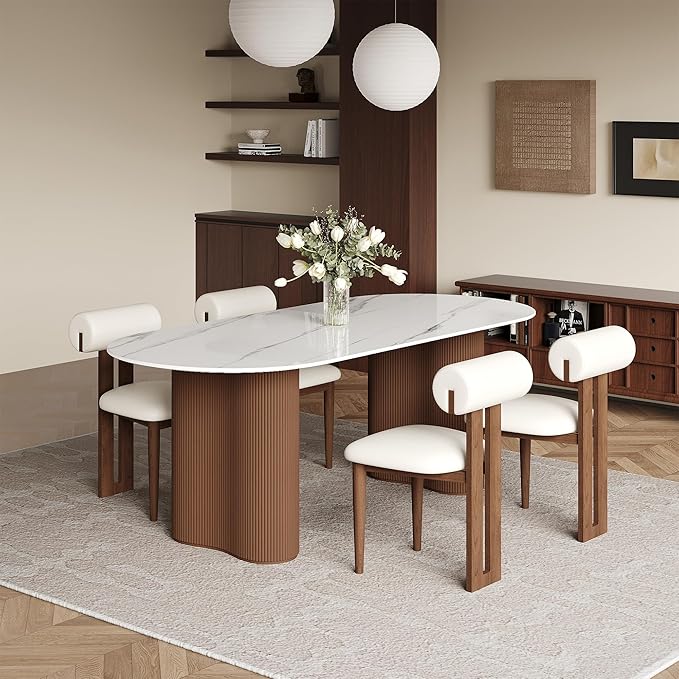 71" Modern Oval Dining Table for 6, Glossy White Sintered Stone Dining Tabletop with Brown Dual-Pedestal, Easy Assembly Dining Room Table for Home Kitchen (Table Only)