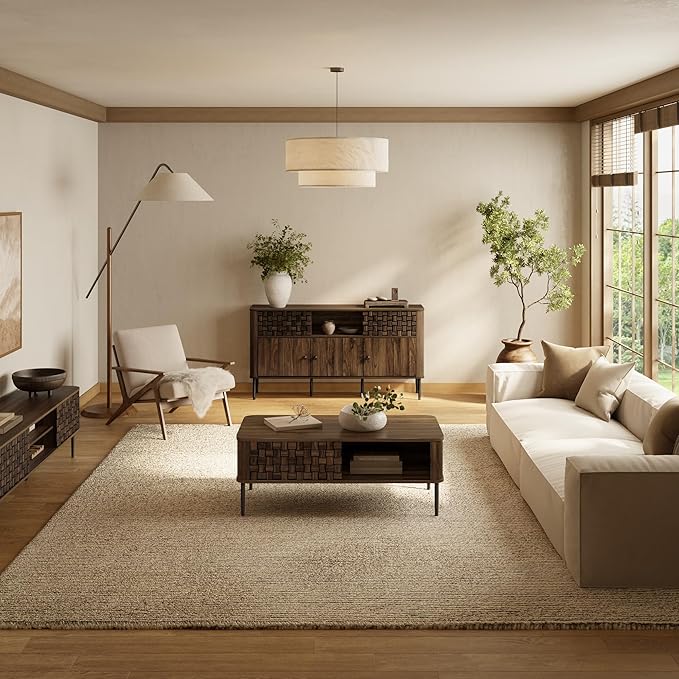 LuxenHome Coffee Table with Storage, 47" Mid Century Modern Wood Coffee Tables for Living Room, Dark Oak with Basket Weave Design 1-Sliding Door Wooden Center Table with Open Shelf