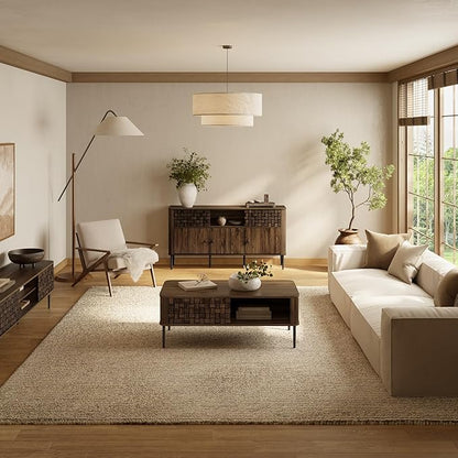 LuxenHome Coffee Table with Storage, 47" Mid Century Modern Wood Coffee Tables for Living Room, Dark Oak with Basket Weave Design 1-Sliding Door Wooden Center Table with Open Shelf