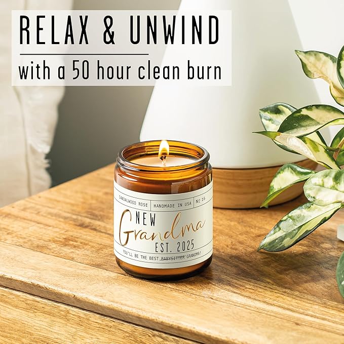 New Grandma Gifts First Time - 'New Grandma 2025' Candle, w/Sandalwood Rose I First Time Grandma Gifts I Promoted to Grandma Announcement I Grandma to Be I New Grandmother Gift I 50hr Burn, USA Made
