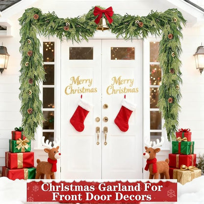 Extra Thick&Lush-9 Ft by 10 Inch Real Touch Norfolk Pine Garland,Christmas Garland Artificial Realistic Soft Thickness Greenery Pine Cypress Pinecones Garlands for Mantle Fireplace Home Indoor Outdoor