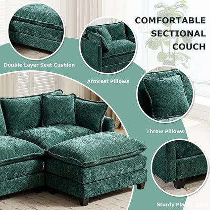 SoarFlash 107.4" Chenille Sectional Sofa, Comfy Modular Loveseat Sofa, Modern 3-Seat Couch Deep Seat Sofa Set for Living Room,Green