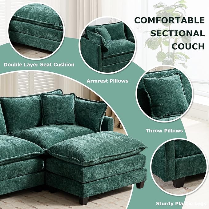 SoarFlash 143.2" Chenille Sectional Sofa, Comfy U Shaped Modular Coush Sofa with Ottoman, Modern 4 Seat Couch Deep Seat Sofa Set for Living Room,Green