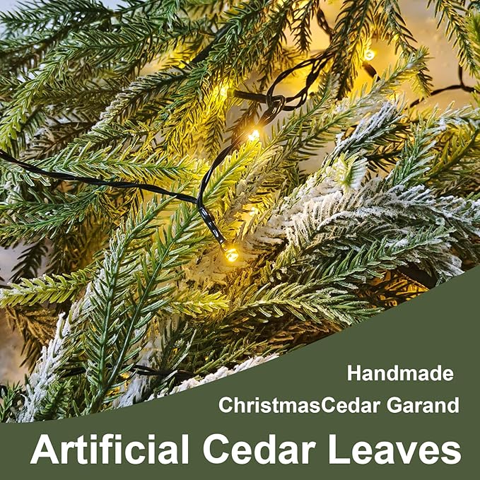 9FT Christmas Garlands Norfolk Pine Garland, Real Touch Artificial Winter Pine Garland, Green Artificial Greenery Garlands with Snowflake for Wall, Mantle, Table, Indoor, Outdoor Christmas Decorations