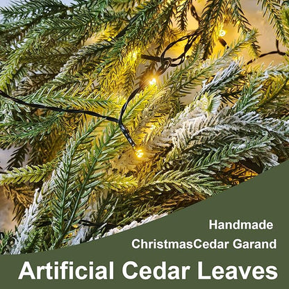 9FT Christmas Garlands Norfolk Pine Garland, Real Touch Artificial Winter Pine Garland, Green Artificial Greenery Garlands with Snowflake for Wall, Mantle, Table, Indoor, Outdoor Christmas Decorations