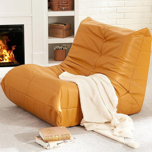 Hobestluk Giant Bean Bag Chair Lazy Floor Sofa, Fireside Sofa for Adults, Big Beanbag Faux Leather Armless Chair for Living Room Bedroom Dorm Office (Yellow, Single)