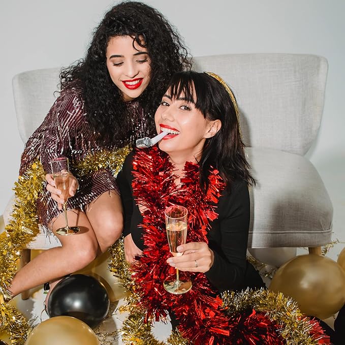 CANREVEL 4 Pieces 26.2 Ft Christmas Garland Metallic Shiny Twist Tinsel Garland Hanging Decorations for Christmas Tree, Mantle, Stairs Railing Decorations - Red