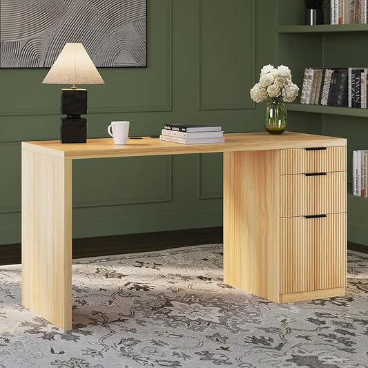 FURSUN 58" Modern Executive Desk with Storage, Home Office Desk with Drawer & Cabinet, Wooden Fluted Desk for Study, Living Room, Bedroom, Natural Oak