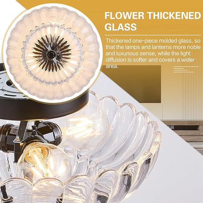 Mid Century Modern Black Semi Flush Mount Ceiling Light Fixture,3 Lights Flower Glass Close to Ceiling Lighting Fixtures for Bedroom Hallway Kitchen Foyer Bathroom Closet Laundry Room 11.8 in