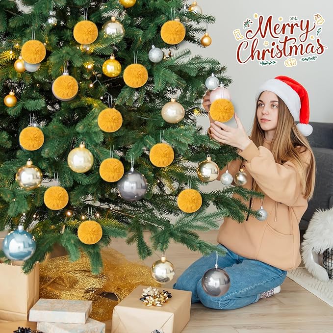 12Pcs Furry Christmas Ball Ornament for Xmas Tree Yellow Soft Faux Fur Pom Pom Ball Ornaments Christmas Tree Hanging Decorations for Winter Party Home Decor Costume Supplies