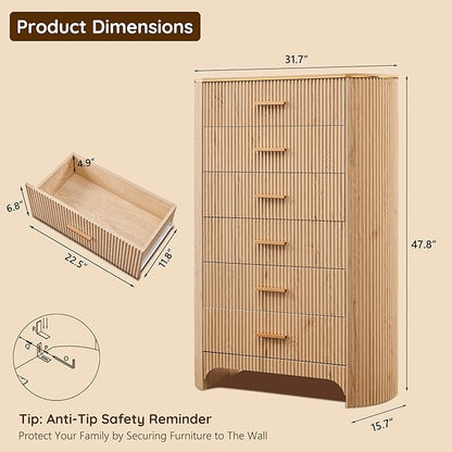 Fluted 6 Drawer Tall Dresser with Curved Profile,47.8" Tall Drawers with Reeded Texture,Gold Handles Storage Organizer Cabinet for Bedroom,Living Room,Entryway,Natural Oak