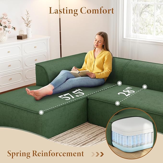 Vesgantti 106" Cloud Couch Sectional Modular Sofa, Deep Seat Comfy Cloud Couch Chenille Sofa Modular Couches for Living Room Bedroom, No Assembly Required (Green, Left-Facing Chaise)
