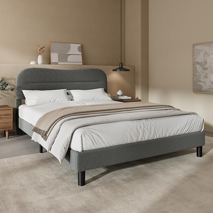 Queen Size Bed Frame with Headboard, upholstered Bed Frame Queen Size, Teddy Soft Boucle Fabric, Soft Cloud Marshmallow Shape Upholstered Headboard, No Box Spring Needed, Noise Free (Grey)