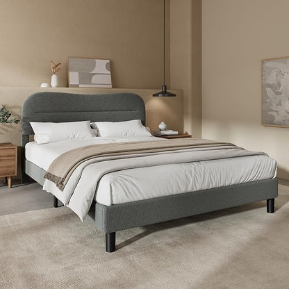 Queen Size Bed Frame with Headboard, upholstered Bed Frame Queen Size, Teddy Soft Boucle Fabric, Soft Cloud Marshmallow Shape Upholstered Headboard, No Box Spring Needed, Noise Free (Grey)