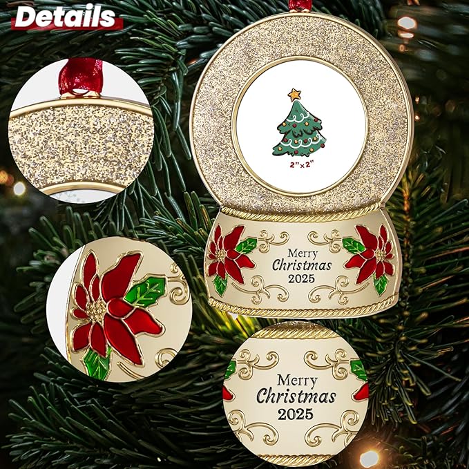 2025 Christmas Ornaments 2 inch Picture Frame Metal Hanging Pendant for Tree Small Decorative Keepsake, Display Photo for Baby and Pet (Crystal Ball Gold(2025))