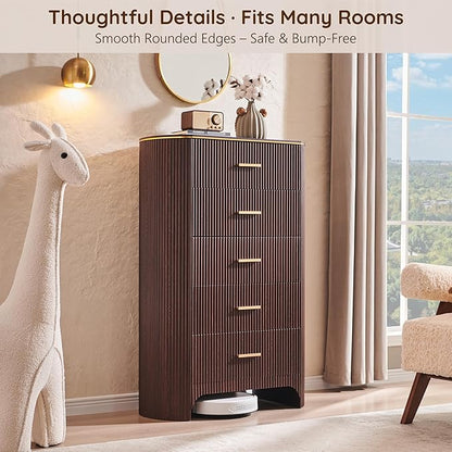Fluted 5 Drawer Tall Dresser with Curved Profile,47.8" Tall Drawers with Reeded Texture,Gold Handles Storage Organizer Cabinet for Bedroom,Living Room,Entryway,Brown Oak