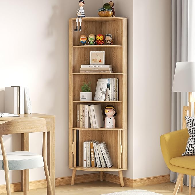 5-Tier Corner Shelf, 66.73''Tall Modern Corner Bookshelf, 5 Shelf Bookcase with 2 Fluted Doors, Freestanding Wood Corner Display Storage Shelf Organizer for Living Room, Office (Wood Color)