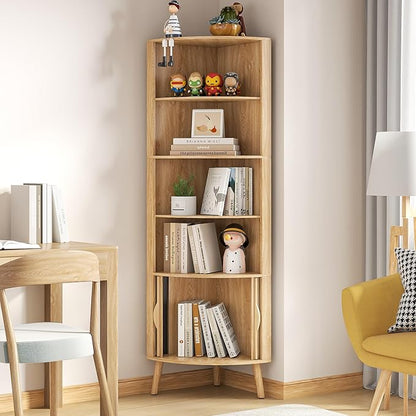 5-Tier Corner Shelf, 66.73''Tall Modern Corner Bookshelf, 5 Shelf Bookcase with 2 Fluted Doors, Freestanding Wood Corner Display Storage Shelf Organizer for Living Room, Office (Wood Color)