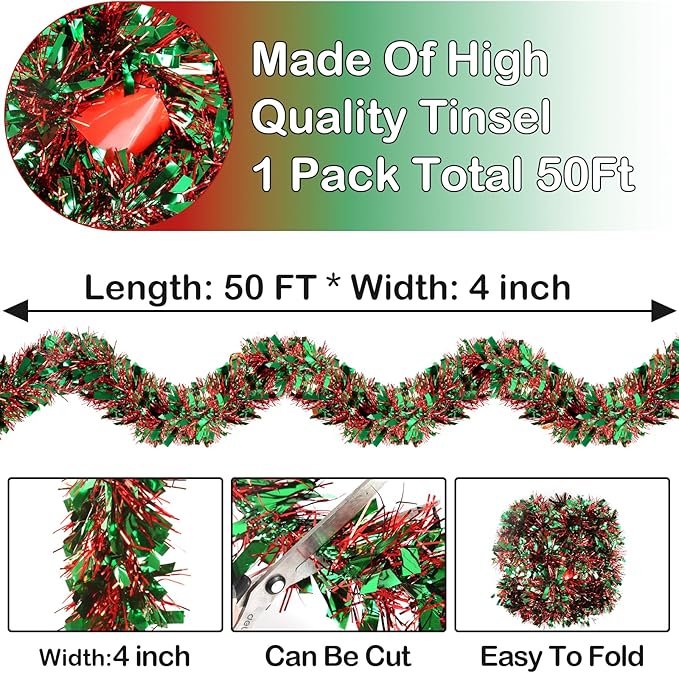 50FT Christmas Tinsel Garland - Metallic Twist Garland for Christmas Tree Decorations, Xmas Tree Decor for Home Indoor Outdoor Holiday Party Supplies (Green and Red)