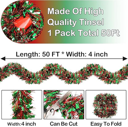 50FT Christmas Tinsel Garland - Metallic Twist Garland for Christmas Tree Decorations, Xmas Tree Decor for Home Indoor Outdoor Holiday Party Supplies (Green and Red)