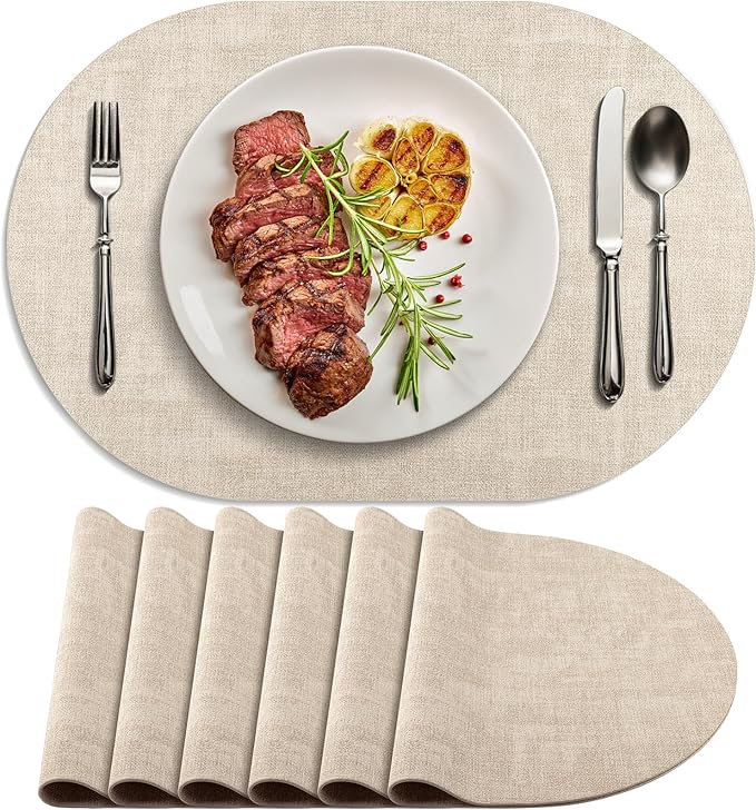 Placemats for Dining Table Set of 6 Non-Slip, Heat Resistant Oval Leather Placemat Double Layer, Waterproof Table Mats Easy to Clean for Kitchen Dining Room Coffee Office Table, Beige