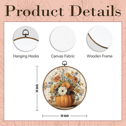Hxlac Vintage Fall Pumpkin Floral Round Wall Art Framed, Farmhouse Fall Round Wall Decor, Vintage Flower Halloween Pumpkin Hanging Canvas Prints Wall Sculptures for Home Room Decor, 10x10 Inch
