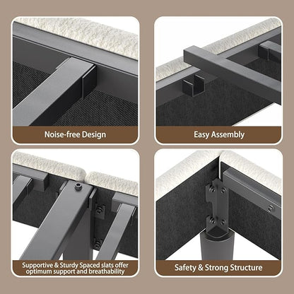 Twin Bed Frames with Headboard, Upholstered Bed Frame Twin, Teddy Soft Boucle Fabric Twin Size bedframes, Soft Cloud Marshmallow Shape Upholstered Headboard, No Box Spring Needed, Noise Free (White)