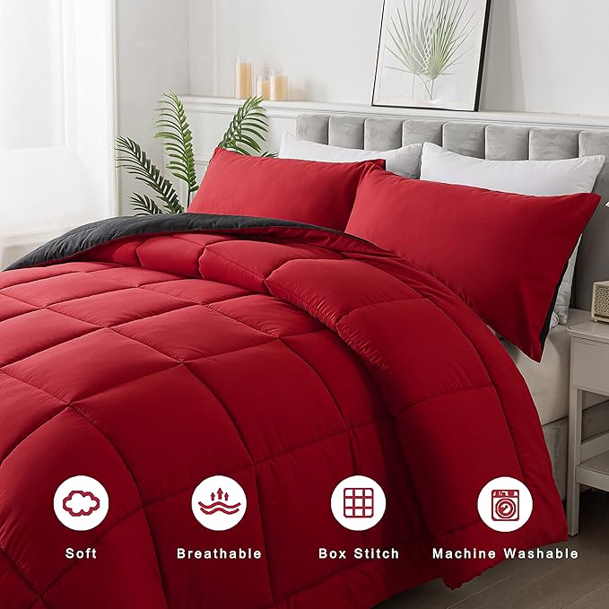 DOWNCOOL King Size Comforter Set -All Season Bedding Comforters Sets with 2 Pillow Cases -3 Pieces Bed Set Down Alternative King Bedding Set -Red/Black King Comforter Set(102"x90")