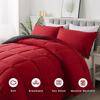 DOWNCOOL King Size Comforter Set -All Season Bedding Comforters Sets with 2 Pillow Cases -3 Pieces Bed Set Down Alternative King Bedding Set -Red/Black King Comforter Set(102"x90")