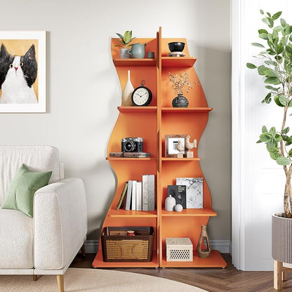 LITTLE TREE Small Corner Shelf, Modern 5-Tier Wall Corner Bookshelf, Stylish Bookcase Storage Rack for Small Space, Living Room, Bedroom, Orange, 2 Pack