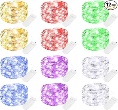 Brightown 12 Pack Multi Color Led Fairy Lights Battery Operated String Lights Waterproof Silver Wire 7 Feet 20 Led Firefly Starry Moon Lights for DIY Wedding Party Bedroom Patio Christmas