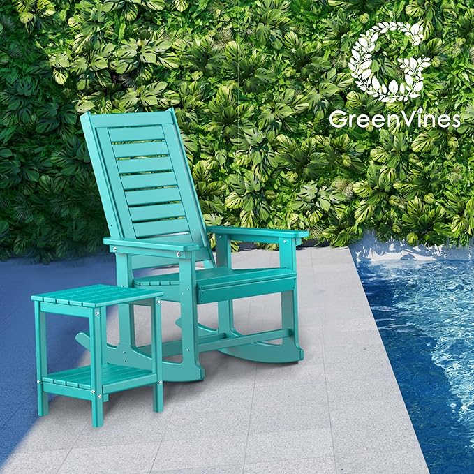 GREENVINES Outdoor Rocking Chairs | Set of 4 | Porch Rocker | HDPE Plastic | Aqua | Oversized Rockers | High Back | Big & Tall | Ladder Back | for Patio Outside Backyard Balcony Garden