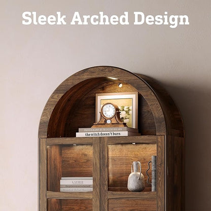 STO'SENSE 73" Tall Arched Bookshelf with LED Lights,4-Tier Modern Farmhouse Arched Bookcase with Glass Doors and Shelves,Wooden Display Cabinet with 2 Drawers for Living Room, Dining Room (Walnut)