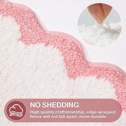 ORTIGIA Small Cute Scalloped Bath Mat, White and Pink Plush Microfiber Scallop Bathroom Rugs Non Slip Washable Quick Dry Absorbent, Bathmat for Shower Stall Vanities Kitchen Floor Entrance, 17x24