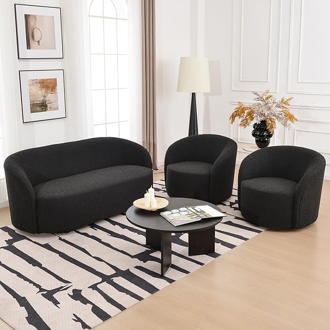 KINWELL 34" W Swivel Barrel Chair Set of 2, Mid Century Modern Round Upholstered Boucle Swivel Accent Chairs, No Assembly  Chair for Living Room Bedroom Reading, Black