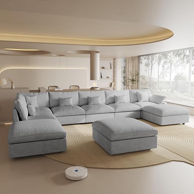 Cloud Couch for LivingRoom,190" U Shaped Modular Sectional Couch with Storage Ottoman,Down Filled 9 Seater Convertible Sleeper Sofa Bed Oversized Furniture,Grey
