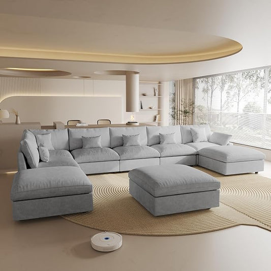 Cloud Couch for LivingRoom,190" U Shaped Modular Sectional Couch with Storage Ottoman,Down Filled 9 Seater Convertible Sleeper Sofa Bed Oversized Furniture,Grey