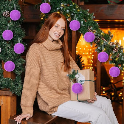12Pcs Furry Christmas Ball Ornament for Xmas Tree Purple Soft Faux Fur Pom Pom Ball Ornaments Christmas Tree Hanging Decorations for Winter Party Home Decor Costume Supplies
