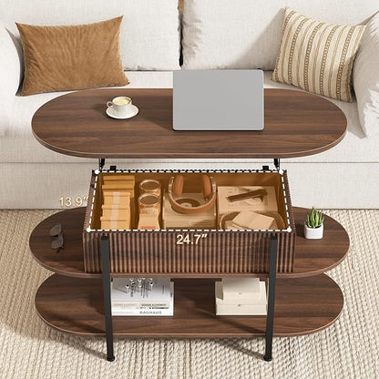 FABATO 41.7" Oval Lift Top Coffee Table, Fluted Wood Center Table with Hidden Storage, 3 Tier Oblong Tables with Curved Edge, Modern Elliptical Coffee Table for Living Room Reception Room, Walnut