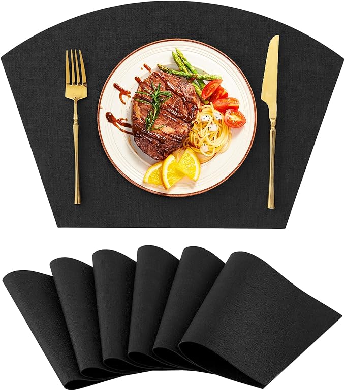Homaxy Round Table Placemats Set of 6, Washable Wedge Shaped Faux Leather Table Mats, Wipeable Kitchen Dinner Place Mats for Indoor Outdoor, Black