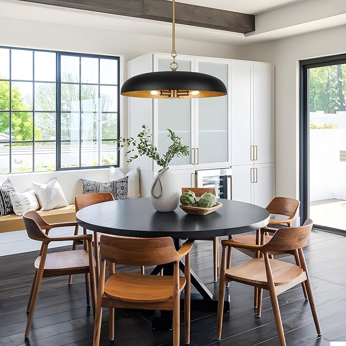 LamQee 20 Inch Oversized Large Pendant Lights, 3-Lights Black and Gold Modern Dome Chandelier, Industrial Metal Pendant Lighting Fixture Ceiling Hanging for Kitchen Island, Dining Room Over Table, Bar