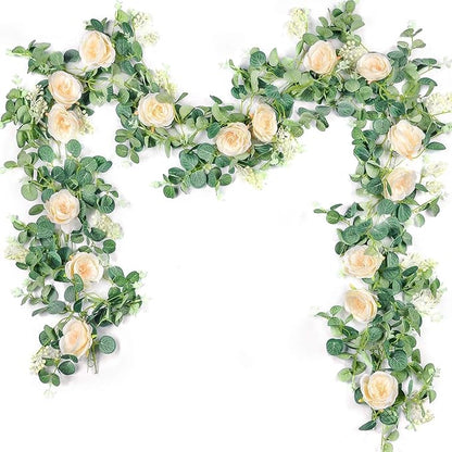 Der Rose 2Pcs Artificial Eucalyptus Flower Garland with Fake Rose Flower Vine Seeded Eucalyptus Leaves Greenery Garland for Wedding Table Backdrop Party Centerpiece Room Decor (Champagne-Total 13FT)
