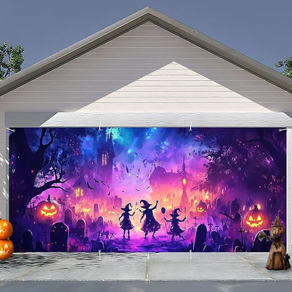 6 x 13 ft Halloween Garage Door Decorations Halloween decorations Witch Door Cover, Hanging Banner, Cauldron Backdrop Mural for Home, Outdoor, Indoor, Spooky Party, Wall, Window (Purple-2)