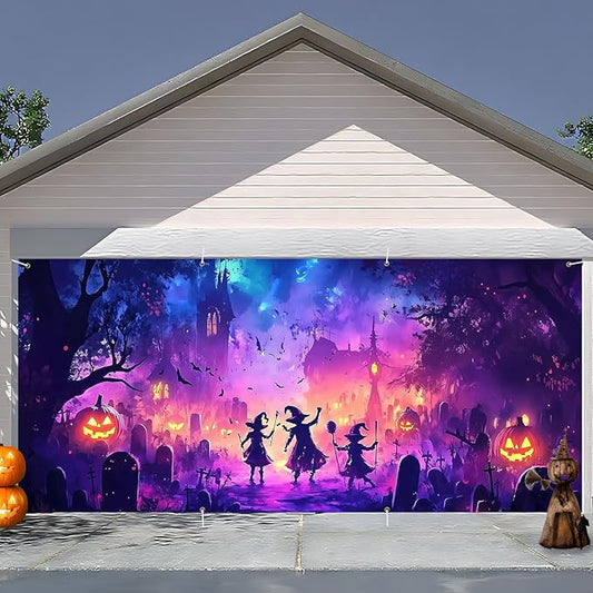 6 x 13 ft Halloween Garage Door Decorations Halloween decorations Witch Door Cover, Hanging Banner, Cauldron Backdrop Mural for Home, Outdoor, Indoor, Spooky Party, Wall, Window (Purple-2)