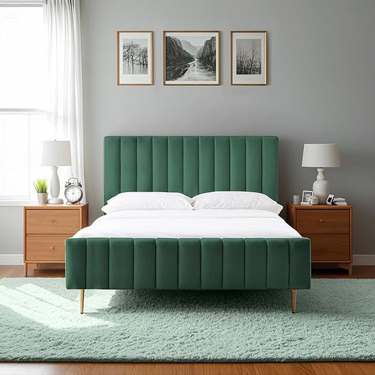 Livinia Full Size Elton Velvet Platform Bed, Upholstered Bed Frame with Vertical Channel Tufted Headboard Footboard, Strong Wood Slats, No Box Spring Needed, Green (Full)
