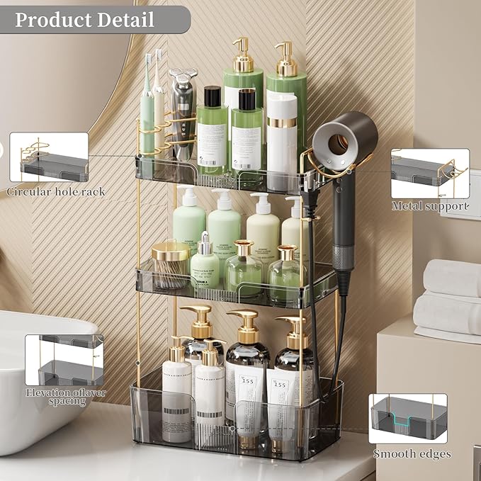 YCIA&DONE Bathroom Counter Organizer, Large Makeup Organizer Countertop, Shelf Storage, Vanity Easily Assemble for Bathroom Organizers and Storage, Undersink, Cabinet, 3 Tiers Grey