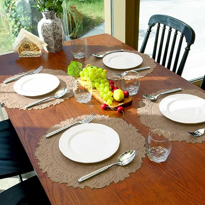 Noctiflorous Round Faux Leather 15 Inch Placemats Set of 4 Waterproof Wipeable Heat Resistant Tablemat for Dining Table Kitchen Non Slip Oilproof Table Place Mat for Indoor Outdoor(A Brown, 4)