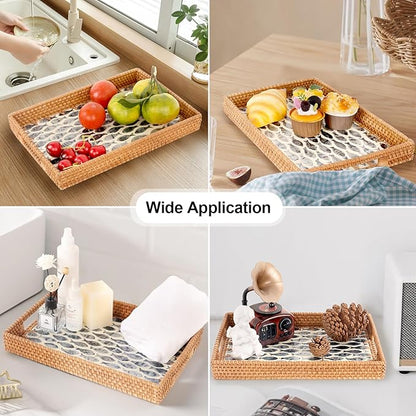 Rectangle Rattan Tray with Mother of Pearl Inlay, Rattan Serving Tray with Handle for Coffee, Bread, Fruits, Snacks, Decorative Wicker Tray for Table Decor (Rectangle Dark Blue Fish, 13"×9")