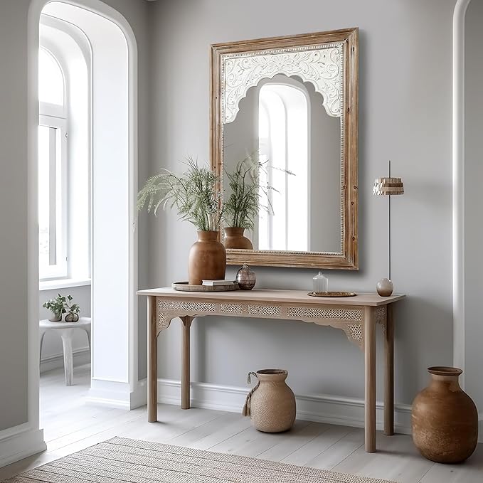 LuxenHome Rectangular Wall Mirror 43" x 27.5" Large Natural Wood Frame Wall Mounted Decorative Farmhouse Accent Mirror for Bathroom Bedroom Entryway Living Room